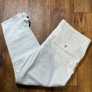 Guess White Denim Jeans Bow‎ Hem Womens 34 Gold Logo Stretch